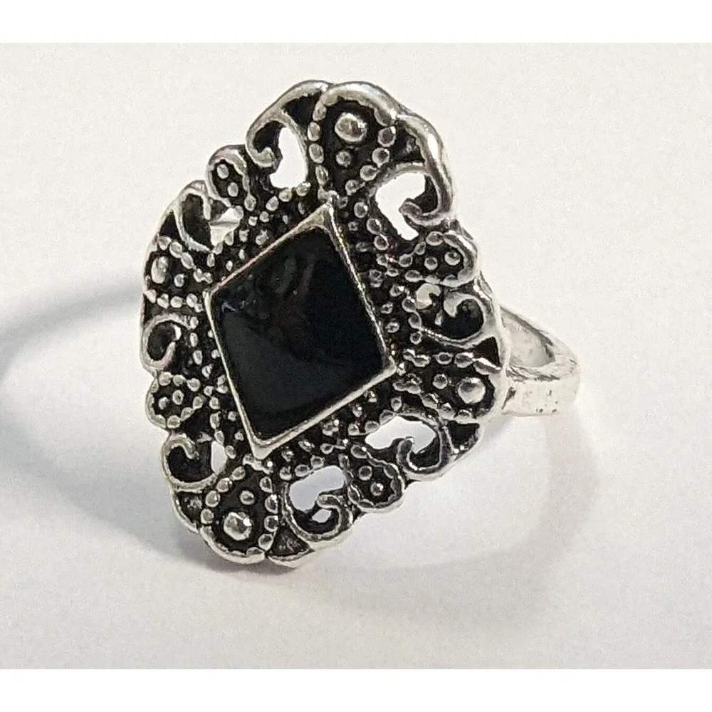New Ring Black Enamel Size 6 Silver Tone Ornate Chunky Costume Fashion Jewelry